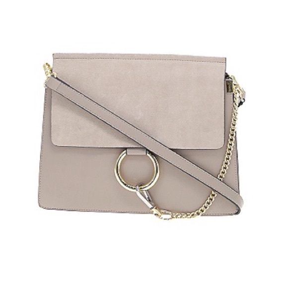 Handbags - Designer Inspired Suede & Leather Gold & Silvertone Ring Chain Crossbody Gray